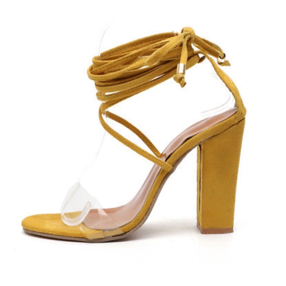 Yellow Lace Up Block Heel Sandals